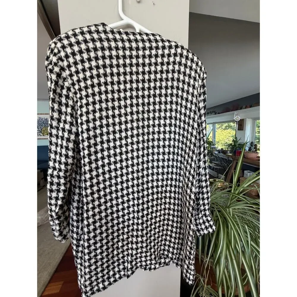 Vintage Christian Dior Houndstooth Open Front Blazer Jacket Black White Made USA
